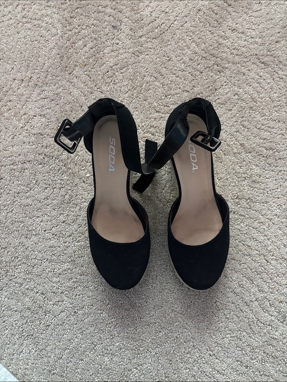Soda Black Ankle Strap Suede-Look Wedges